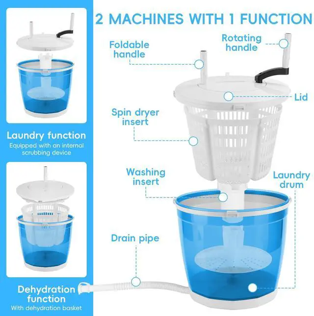 Alt view image 4 of 7 - 2 In1 Manual Clothes Washer, Portable Hand Crank Washing Machine Mini Dryer Spinner Labor Compact Laundry Machine for Camping, Dorm, Travel, No Electricity Needed, Suction Cup Base, 2kg Capacity Sky