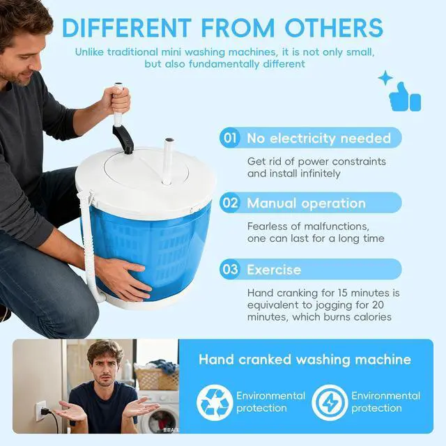 Alt view image 7 of 7 - 2 In1 Manual Clothes Washer, Portable Hand Crank Washing Machine Mini Dryer Spinner Labor Compact Laundry Machine for Camping, Dorm, Travel, No Electricity Needed, Suction Cup Base, 2kg Capacity Sky