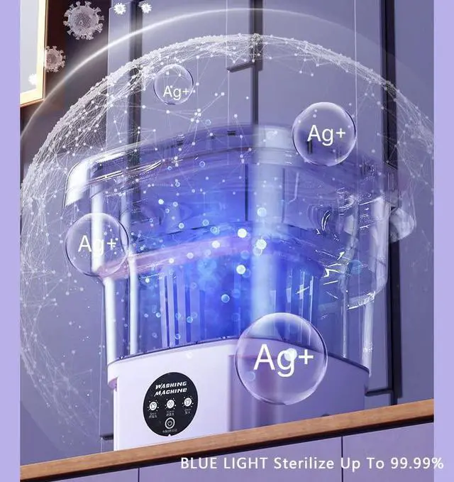 Alt view image 3 of 6 - Portable Washing Machine, Folding Mini Washing Machine with Drain Basket, Portable Washer with Blue Light & Ultrasonic Washing for Apartment, Laundry, Camping, RV, Travel, Underwear