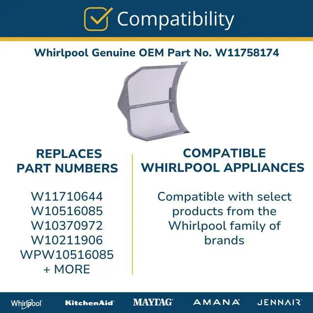 Alt view image 4 of 5 - Whirlpool W11758174 Genuine OEM Dryer Lint Filter Replacement Part - Replaces W11710644, W10516085, W10370972, W10211906, and WPW10516085