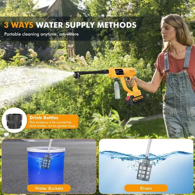 Alt view image 6 of 7 - Cordless Portable Washer, Handheld Washer, 120Bar, Washer with Foam Pot, Cleaner with 5m Elastic Hose, 6-in-1 Nozzle, Battery Operated Washer for Car Home Outdoor Patio Garden