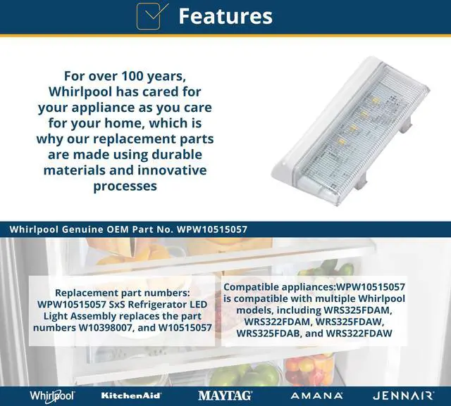 Alt view image 4 of 4 - Whirlp Whirlpool WPW10515057 OEM SxS Refrigerator LED Light Assembly
