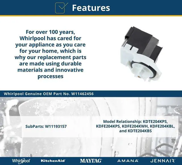 Alt view image 6 of 6 - W11462456 Genuine OEM Dishwasher Drain Pump Replacement Part - Replaces W11193157