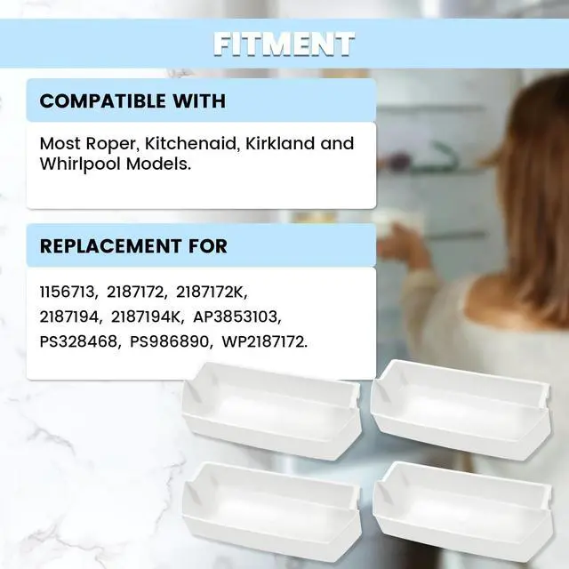Alt view image 6 of 7 - WP2187172 AP3853103 PS328468 Refrigerator Door Shelf Compatible with Roper Kitchenaid Kirkland Refrigerator Door Bin PS986890 Replacement only Lightweight White 4PCS