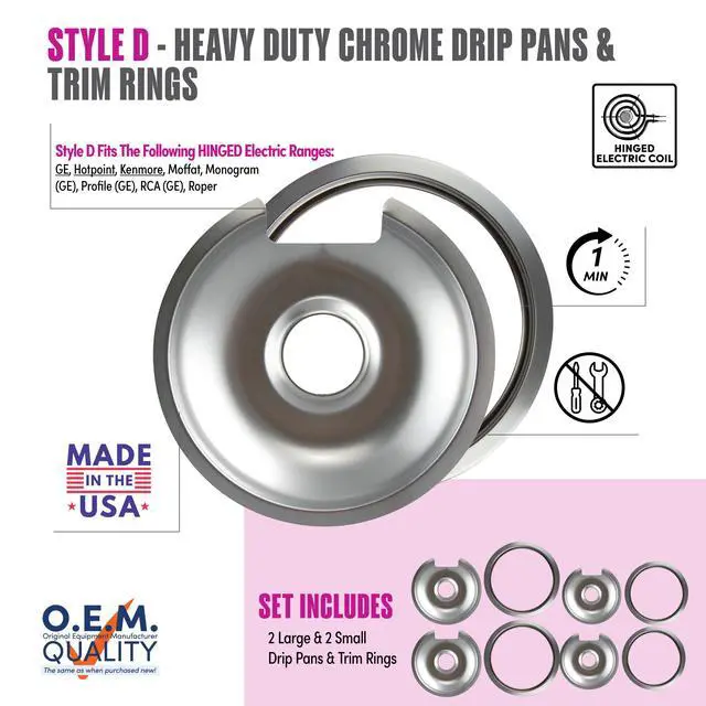 Alt view image 4 of 5 - Style D Heavy Duty Drip Pans and Trim Rings (Includes 2 Small and 2 Large) for GE Hotpoint
