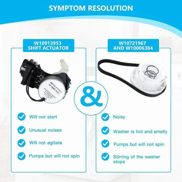 Alt view image 5 of 5 - W10913953 W10721967 W10006384 Washer Shift Actuator + Pulley Clutch Kit + Drive Belt Fit for Whirlpool WTW5000DW2, WTW5000DW3, WTW5005KW0, WTW5100HC0, WTW5100HW0, WTW5105HC0, New Replacement