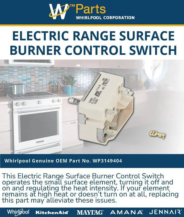 Alt view image 2 of 6 - Whirlpool WP3149404 Genuine OEM Electric Range Surface Burner Control Switch Replacement Part - Replaces W10295576, 311856, 311857, and more