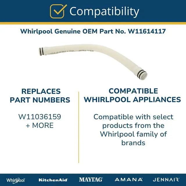 Alt view image 5 of 6 - Whirlpool W11614117 Genuine OEM Dishwasher Drain Hose Replacement Part - Replaces W11036159