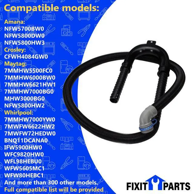 Alt view image 5 of 7 - W11281268 OEM Washer Drain Hose Fits For Amana Crosley Maytag Whirlpool | Replaces W10267638, W11044871, W11050506, W11198580, W11234073, W11250143, WPW10267638