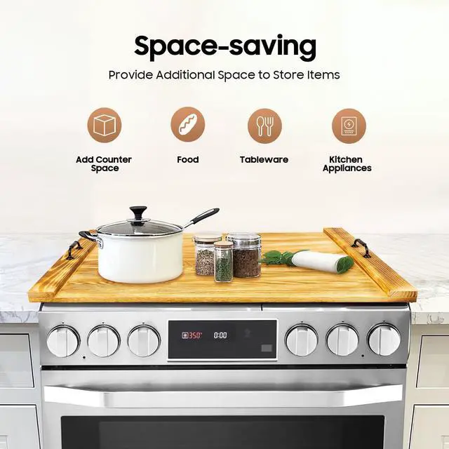 Alt view image 2 of 7 - Stove Top Covers for Electric Stove, Pine Wood Stove Cover Board 30''x22'' Noodle Board with Practical Handles Charcuterie Tray Serving Board Sink Cover for Gas Burners Countertop Space