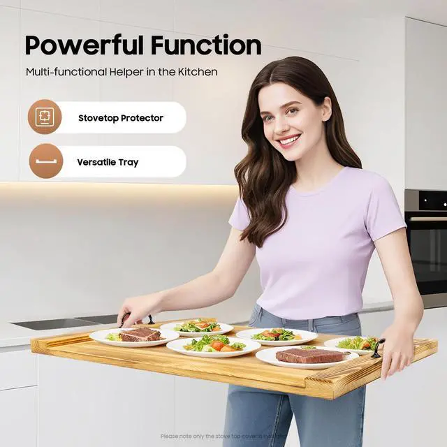Alt view image 3 of 7 - Stove Top Covers for Electric Stove, Pine Wood Stove Cover Board 30''x22'' Noodle Board with Practical Handles Charcuterie Tray Serving Board Sink Cover for Gas Burners Countertop Space