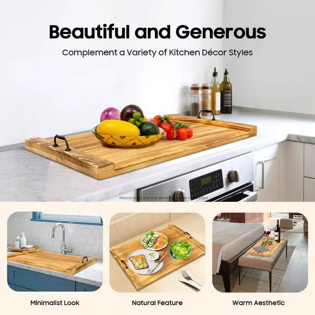 Alt view image 4 of 7 - Stove Top Covers for Electric Stove, Pine Wood Stove Cover Board 30''x22'' Noodle Board with Practical Handles Charcuterie Tray Serving Board Sink Cover for Gas Burners Countertop Space
