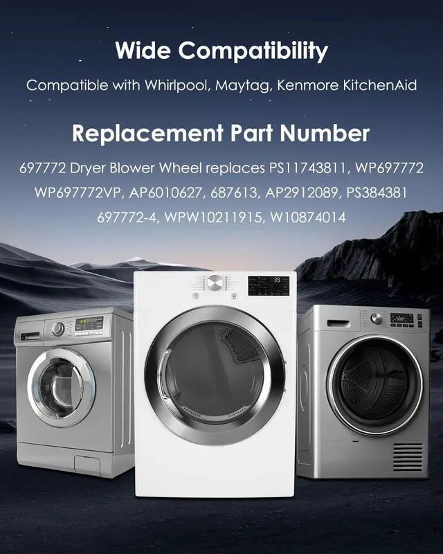 Alt view image 7 of 7 - Upgraded WP697772 Dryer Blower Wheel Compatible with Whirlpool Kenmore Maytag Dryer, Blower Wheel Replace 697772 AP6010627