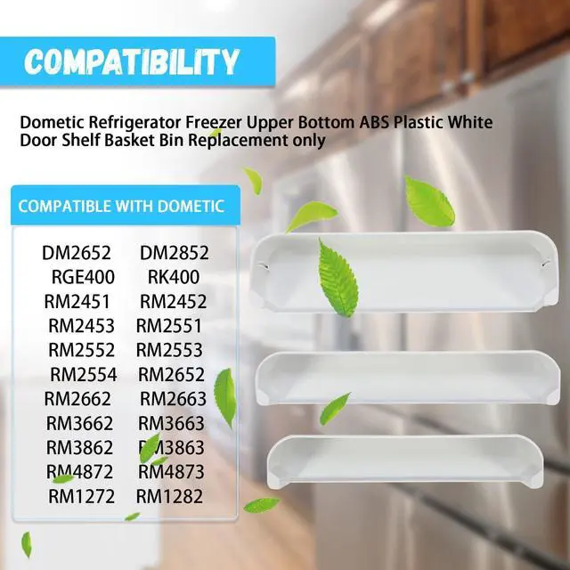 Alt view image 3 of 7 - 29325760166 Refrigerator Door Shelf Kit Compatible with Dometic Refrigerator Freezer Upper Bottom ABS Plastic White Door Shelf Basket Bin Replacement only