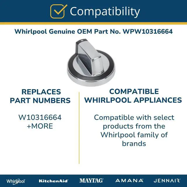 Alt view image 5 of 6 - Knob WPW10316664 for Whirlpool W10316664 Genuine OEM