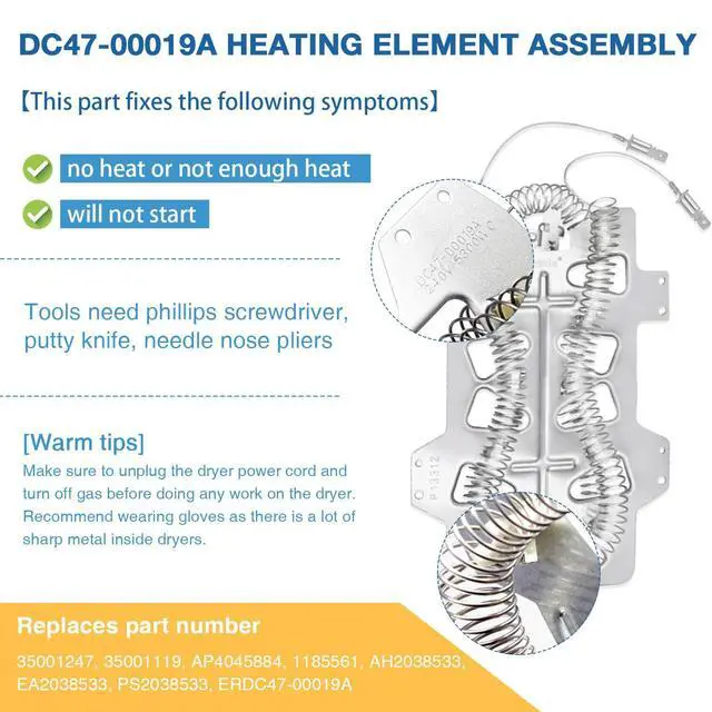 Alt view image 5 of 6 - Compatible with Dryer Heating Element DC47-00019A 240V 5300W Heater Assembly for Samsung DV48H7400EW DV48H7400EW/A2 DV48H7400EW/A3 DV48H7400EW/A4 DV48H7400EW/A5 DV48H7400EW/A6