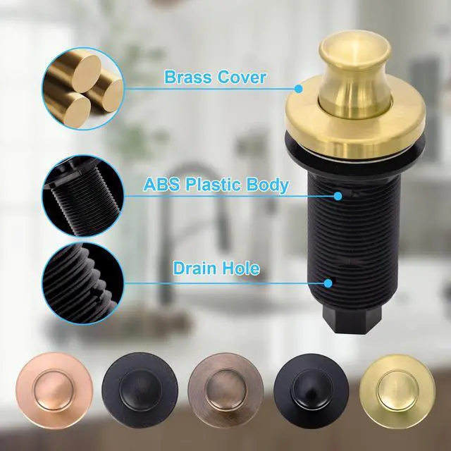 Alt view image 2 of 5 - Brushed Gold Garbage Disposal Air Switch Kit with Sink Top Waste Disposal On/Off Push Button with Brass Cover and Plastic, 2-1/2" Max Countertop Thickness (AK79002-BTG)
