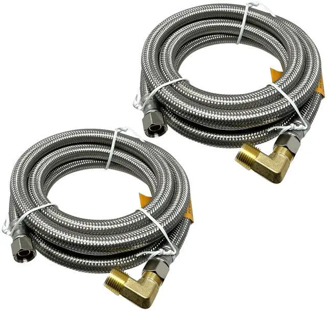 Main image of 2-Pack 6-Ft Stainless Steel Dishwasher Hose with Elbow, 3/8" Comp x 3/8" Comp, Universal Dishwasher Water Supply Line, Certified Safe (9SDE-2P)