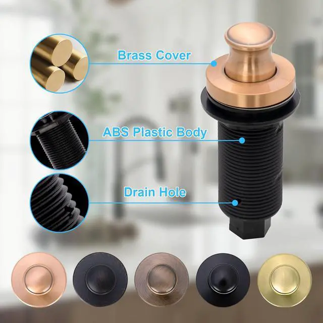 Alt view image 2 of 5 - Copper Garbage Disposal Air Switch Kit with Sink Top Waste Disposal On/Off Push Button with Brass Cover and Plastic, 2-1/2" Max Countertop Thickness (AK79002-C)