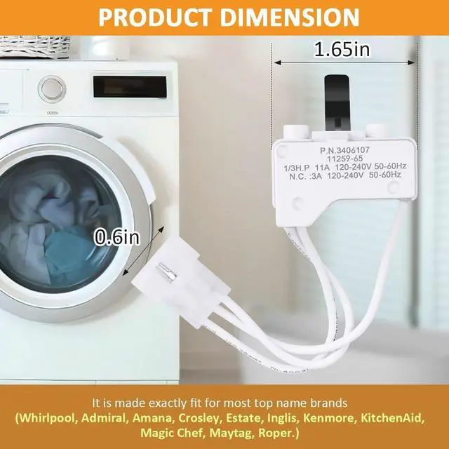 Alt view image 2 of 6 - 3406107 Dryer Door Switch for Whirlpool, Kenmore Replacement Parts Dryers Replaces Part Numbers 3405101 3405100 3406101 3406100 3406109 WP3406107VP 528948 AP6008561 PS11741701 (1-Pack)
