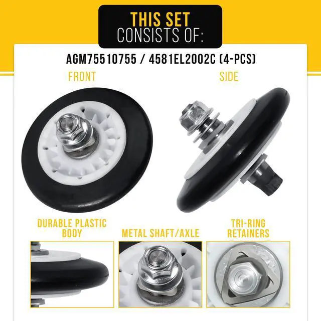 Alt view image 3 of 7 - Dryer Rollers Kit for LG DLE4870W (4-Pack)