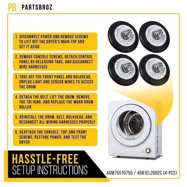 Alt view image 6 of 7 - Dryer Rollers Kit for LG DLE4870W (4-Pack)