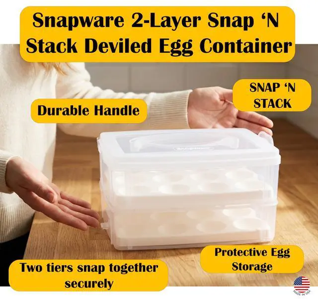 Alt view image 7 of 7 - 2-Layer Snap N Stack Deviled Egg Carrier with Handle - Made in USA | Stackable Two-Tier Design | Secure Latching Closure | Convenient Carry Handle | Ideal For Gatherings