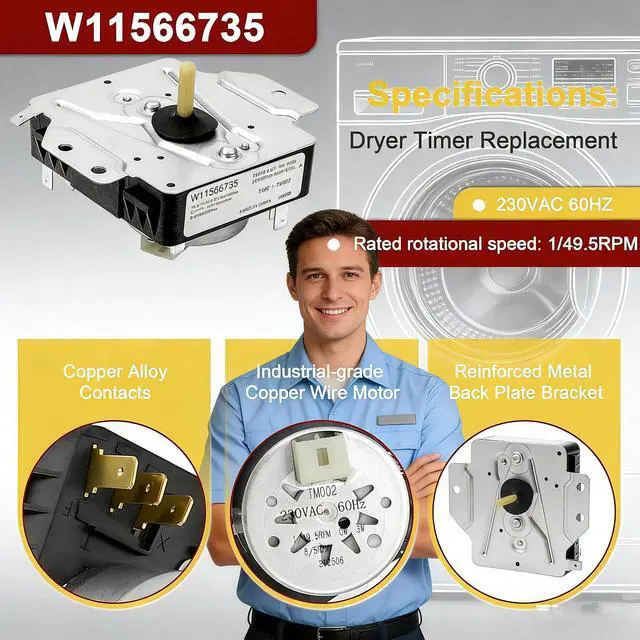 Alt view image 4 of 7 - W11566735 W11685947 Dryer Timer Replacement, OEM Quality, Replaces 4981088 AP7215858 PS17216594 EAP17216594 PD00083293, Fits Maytag MED4500MW0 YMED4500MW0, NO KNOB Included