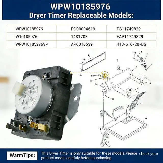 Alt view image 2 of 6 - W10185976 WPW10185976 Dryer Timer,115V 60Hz Replacement for Whirlpool Kenmore Dryer, Replaces WPW10185976VP 1481703 AP6016539 PS11749829