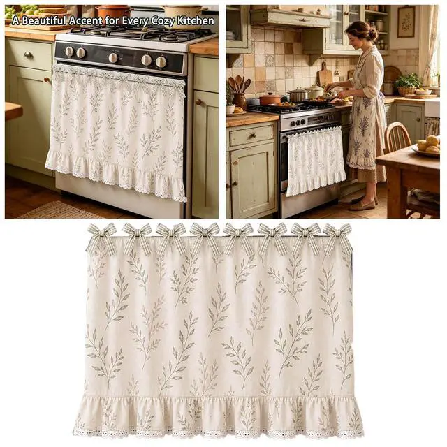 Alt view image 6 of 7 - Farmhouse Oven Skirt Curtain for Kitchen Decor, Cotton Blend Oven Curtain with Lace Ruffle Trim & 8 Ribbon Ties, Rustic Kitchen Stove Door Covers with Floral Print for Home Decor (Sage Leaf)