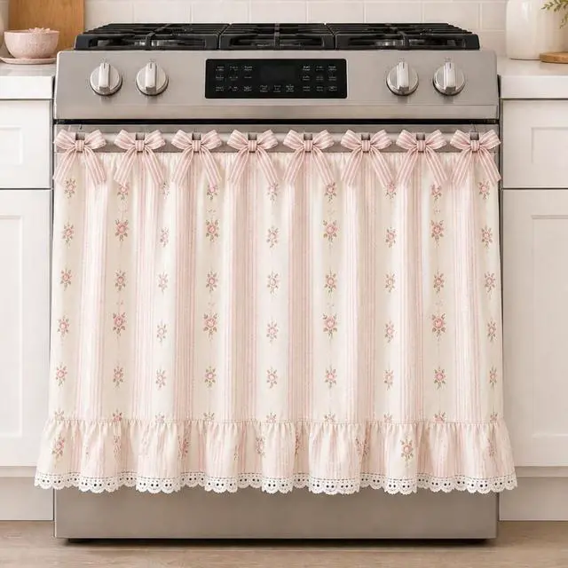 Main image of Farmhouse Oven Skirt Curtain for Kitchen Decor, Cotton Blend Oven Curtain with Lace Ruffle Trim & 8 Ribbon Ties, Rustic Kitchen Stove Door Covers with Floral Print for Home Decor (Rose)