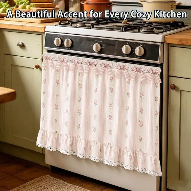 Alt view image 3 of 7 - Farmhouse Oven Skirt Curtain for Kitchen Decor, Cotton Blend Oven Curtain with Lace Ruffle Trim & 8 Ribbon Ties, Rustic Kitchen Stove Door Covers with Floral Print for Home Decor (Rose)