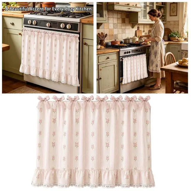 Alt view image 6 of 7 - Farmhouse Oven Skirt Curtain for Kitchen Decor, Cotton Blend Oven Curtain with Lace Ruffle Trim & 8 Ribbon Ties, Rustic Kitchen Stove Door Covers with Floral Print for Home Decor (Rose)