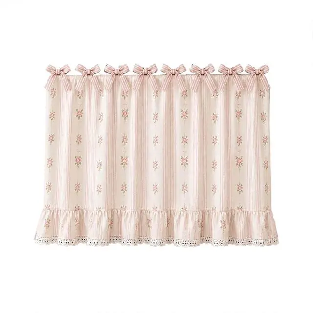 Alt view image 7 of 7 - Farmhouse Oven Skirt Curtain for Kitchen Decor, Cotton Blend Oven Curtain with Lace Ruffle Trim & 8 Ribbon Ties, Rustic Kitchen Stove Door Covers with Floral Print for Home Decor (Rose)