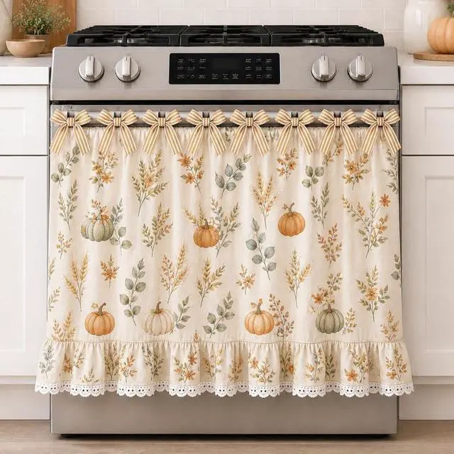 Main image of Farmhouse Oven Skirt Curtain for Kitchen Decor, Cotton Blend Oven Curtain with Lace Ruffle Trim & 8 Ribbon Ties, Rustic Kitchen Stove Door Covers with Floral Print for Home Decor (Pumpkin)
