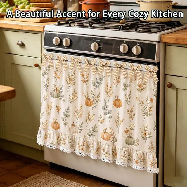 Alt view image 3 of 7 - Farmhouse Oven Skirt Curtain for Kitchen Decor, Cotton Blend Oven Curtain with Lace Ruffle Trim & 8 Ribbon Ties, Rustic Kitchen Stove Door Covers with Floral Print for Home Decor (Pumpkin)