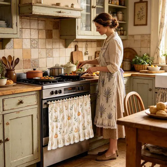 Alt view image 4 of 7 - Farmhouse Oven Skirt Curtain for Kitchen Decor, Cotton Blend Oven Curtain with Lace Ruffle Trim & 8 Ribbon Ties, Rustic Kitchen Stove Door Covers with Floral Print for Home Decor (Pumpkin)