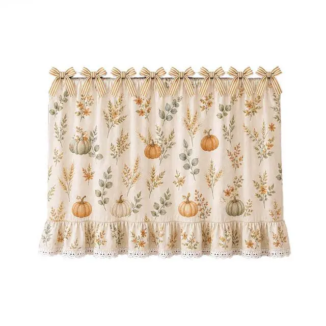 Alt view image 7 of 7 - Farmhouse Oven Skirt Curtain for Kitchen Decor, Cotton Blend Oven Curtain with Lace Ruffle Trim & 8 Ribbon Ties, Rustic Kitchen Stove Door Covers with Floral Print for Home Decor (Pumpkin)