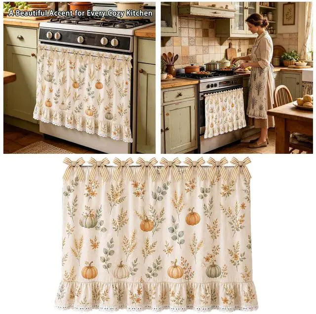 Alt view image 6 of 7 - Farmhouse Oven Skirt Curtain for Kitchen Decor, Cotton Blend Oven Curtain with Lace Ruffle Trim & 8 Ribbon Ties, Rustic Kitchen Stove Door Covers with Floral Print for Home Decor (Pumpkin)