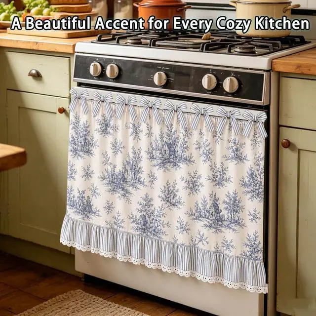 Alt view image 3 of 6 - Farmhouse Oven Skirt Curtain for Kitchen Decor, Cotton Blend Oven Curtain with Lace Ruffle Trim & 8 Ribbon Ties, Rustic Kitchen Stove Door Covers with Floral Print for Home Decor (Blue Toile)