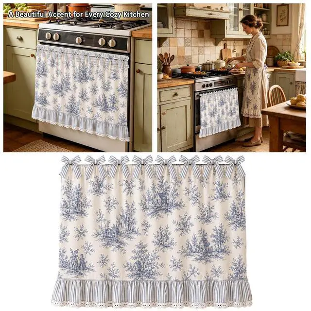 Alt view image 5 of 6 - Farmhouse Oven Skirt Curtain for Kitchen Decor, Cotton Blend Oven Curtain with Lace Ruffle Trim & 8 Ribbon Ties, Rustic Kitchen Stove Door Covers with Floral Print for Home Decor (Blue Toile)