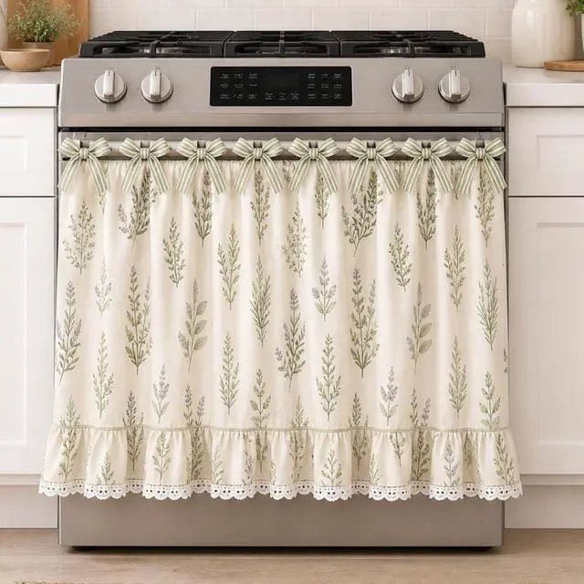 Main image of Farmhouse Oven Skirt Curtain for Kitchen Decor, Cotton Blend Oven Curtain with Lace Ruffle Trim & 8 Ribbon Ties, Rustic Kitchen Stove Door Covers with Floral Print for Home Decor (Sage Botanical)