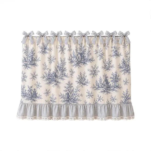 Alt view image 6 of 6 - Farmhouse Oven Skirt Curtain for Kitchen Decor, Cotton Blend Oven Curtain with Lace Ruffle Trim & 8 Ribbon Ties, Rustic Kitchen Stove Door Covers with Floral Print for Home Decor (Blue Toile)