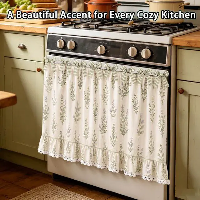 Alt view image 3 of 6 - Farmhouse Oven Skirt Curtain for Kitchen Decor, Cotton Blend Oven Curtain with Lace Ruffle Trim & 8 Ribbon Ties, Rustic Kitchen Stove Door Covers with Floral Print for Home Decor (Sage Botanical)