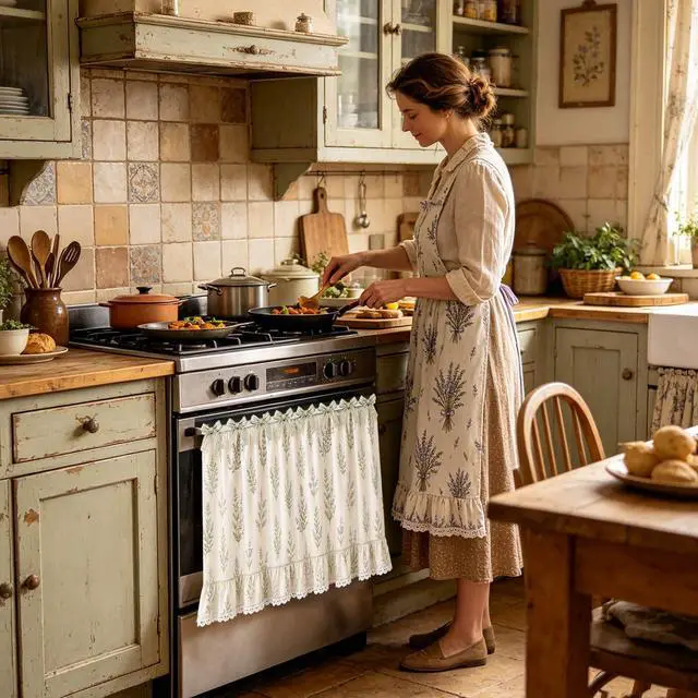 Alt view image 4 of 6 - Farmhouse Oven Skirt Curtain for Kitchen Decor, Cotton Blend Oven Curtain with Lace Ruffle Trim & 8 Ribbon Ties, Rustic Kitchen Stove Door Covers with Floral Print for Home Decor (Sage Botanical)