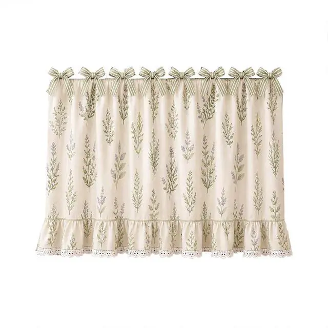Alt view image 6 of 6 - Farmhouse Oven Skirt Curtain for Kitchen Decor, Cotton Blend Oven Curtain with Lace Ruffle Trim & 8 Ribbon Ties, Rustic Kitchen Stove Door Covers with Floral Print for Home Decor (Sage Botanical)