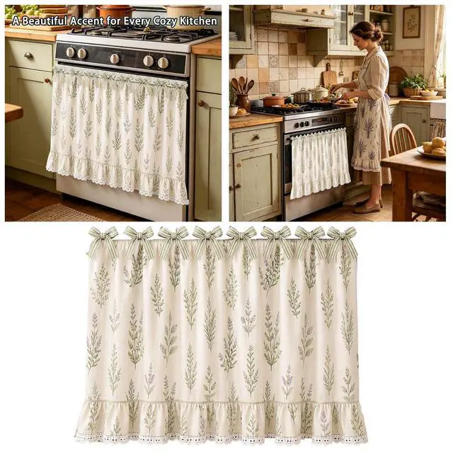 Alt view image 5 of 6 - Farmhouse Oven Skirt Curtain for Kitchen Decor, Cotton Blend Oven Curtain with Lace Ruffle Trim & 8 Ribbon Ties, Rustic Kitchen Stove Door Covers with Floral Print for Home Decor (Sage Botanical)