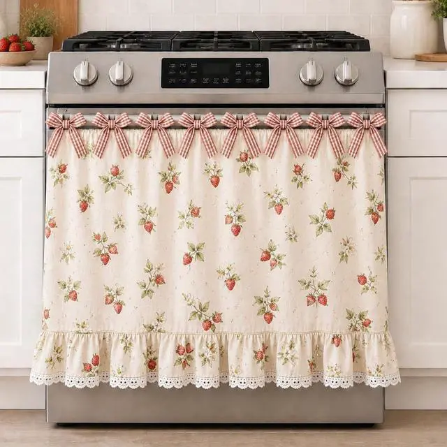 Main image of Farmhouse Oven Skirt Curtain for Kitchen Decor, Cotton Blend Oven Curtain with Lace Ruffle Trim & 8 Ribbon Ties, Rustic Kitchen Stove Door Covers with Floral Print for Home Decor (Strawberry)