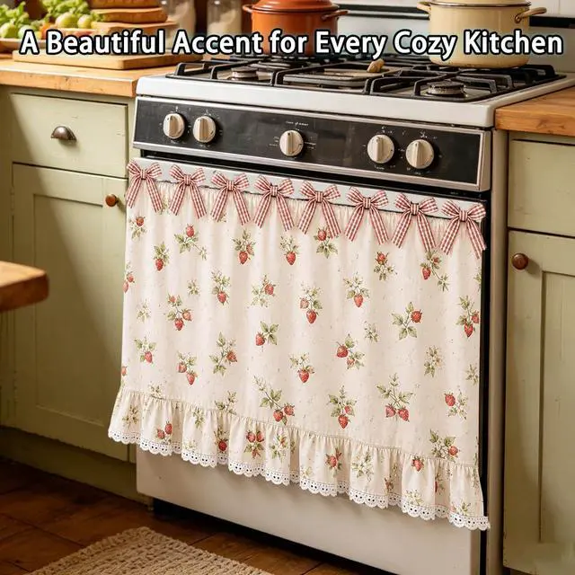 Alt view image 3 of 6 - Farmhouse Oven Skirt Curtain for Kitchen Decor, Cotton Blend Oven Curtain with Lace Ruffle Trim & 8 Ribbon Ties, Rustic Kitchen Stove Door Covers with Floral Print for Home Decor (Strawberry)