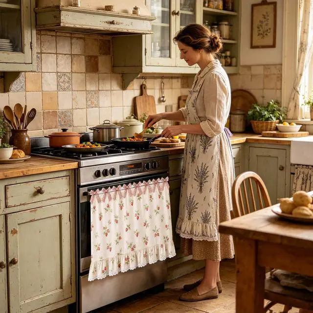 Alt view image 4 of 6 - Farmhouse Oven Skirt Curtain for Kitchen Decor, Cotton Blend Oven Curtain with Lace Ruffle Trim & 8 Ribbon Ties, Rustic Kitchen Stove Door Covers with Floral Print for Home Decor (Strawberry)